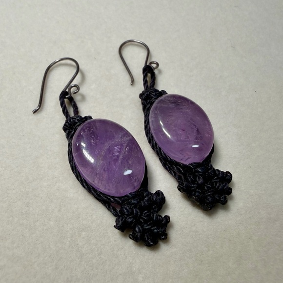 Jewelry - Amethyst Drop Earrings with Black Rope Detailing